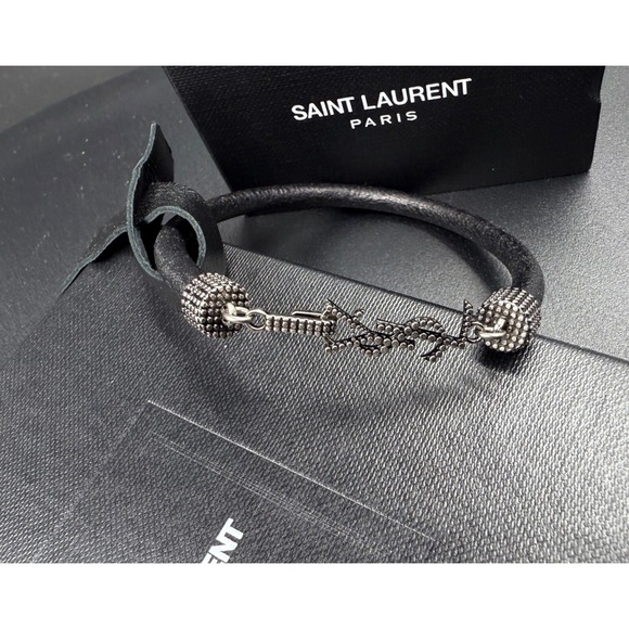 Yves Saint Laurent Jewelry - NWT YSL Saint Laurent Logo‎ Opyum Metal and Leather Black Bracelet Size S